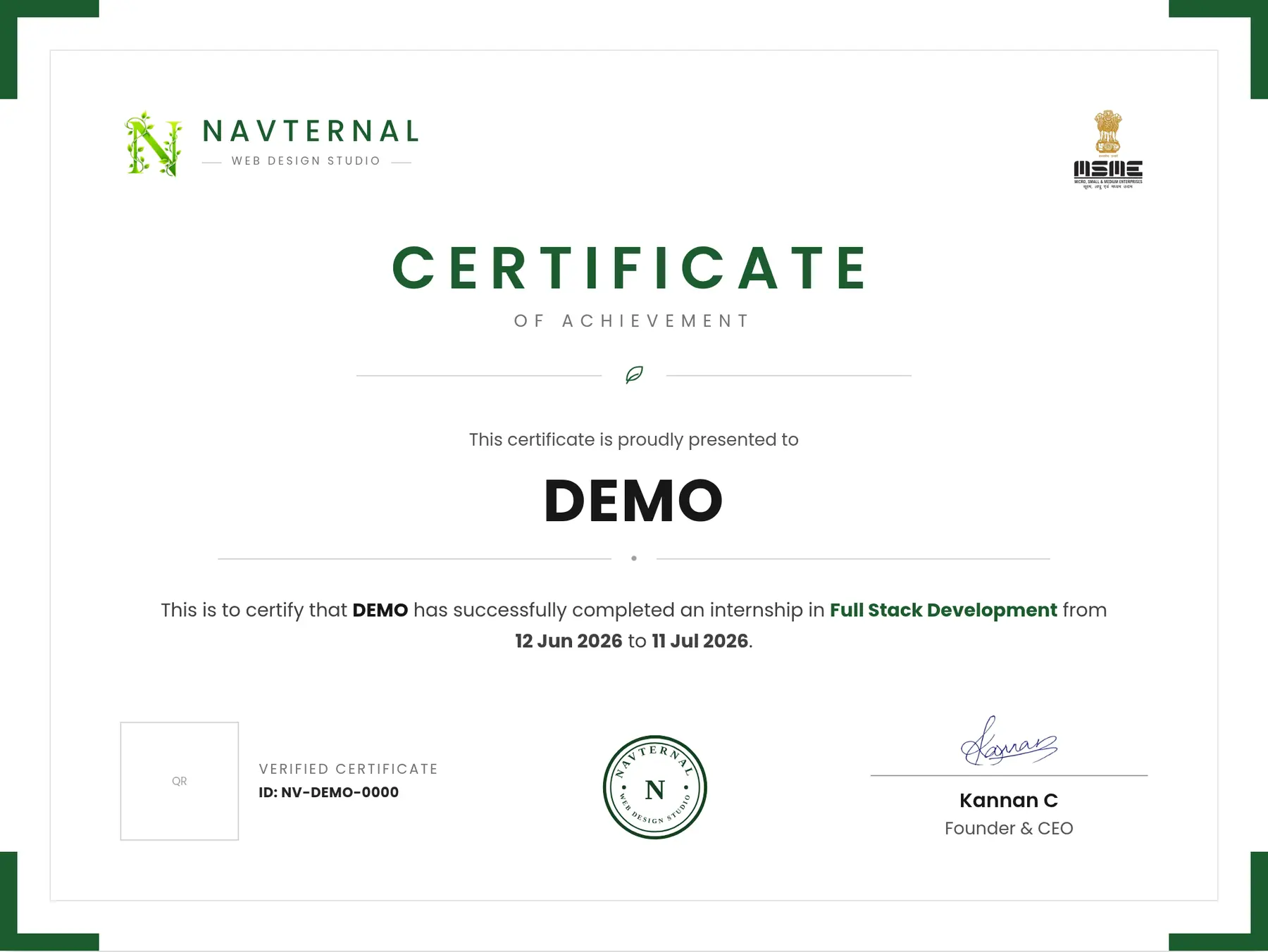 Sample Navternal certificate of achievement, issued to a placeholder holder named DEMO