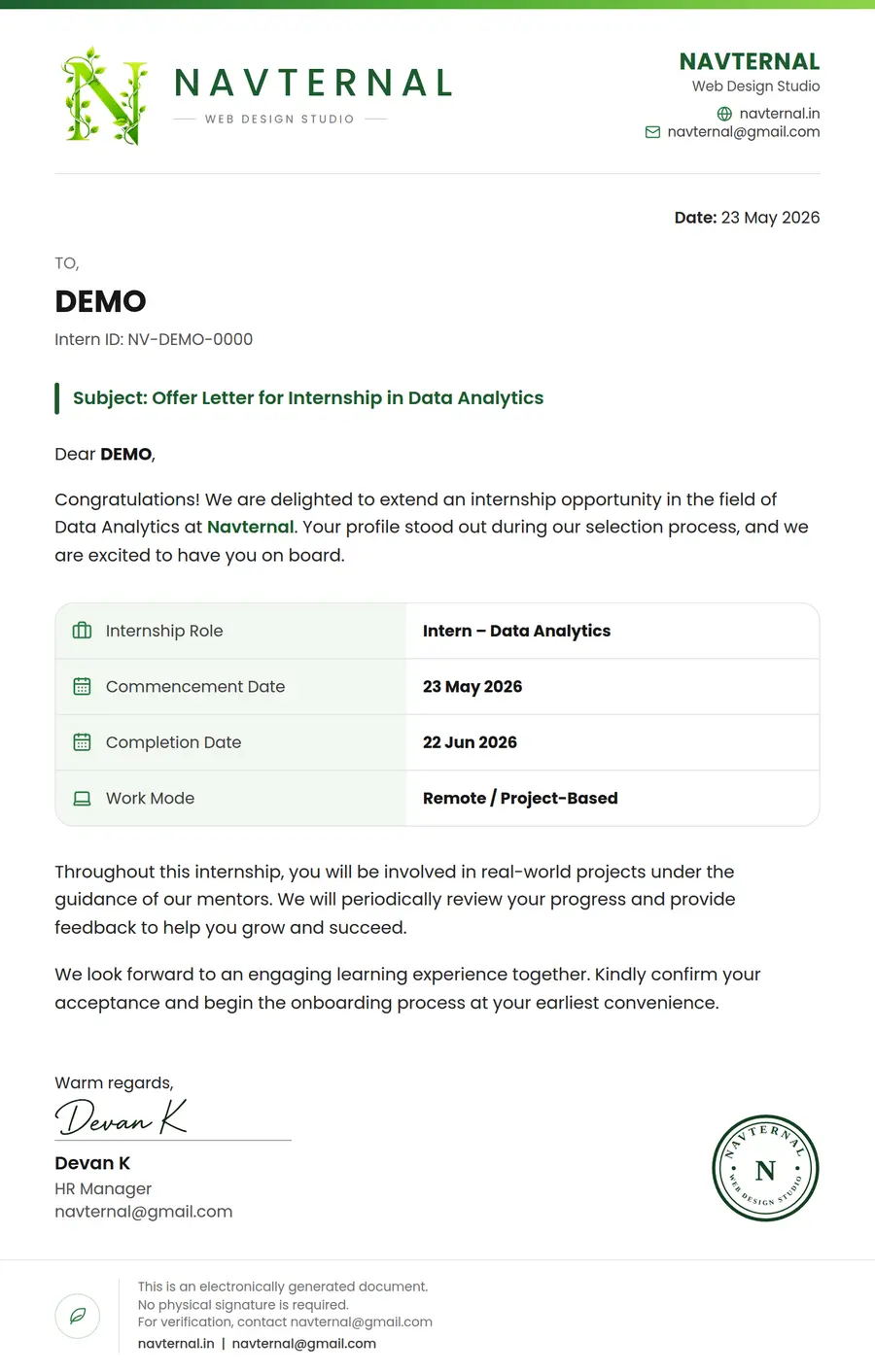 Sample Navternal internship offer letter issued to a placeholder holder named DEMO