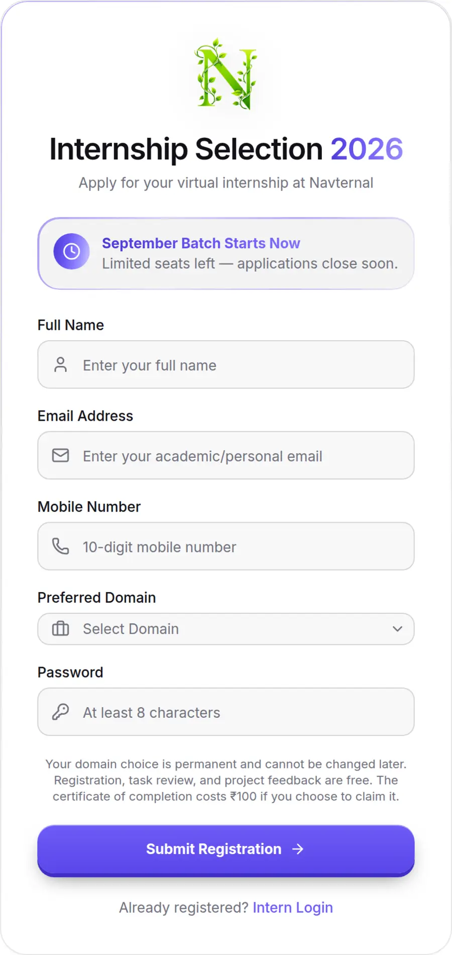 The Navternal internship selection form, with fields for name, email, mobile number and preferred domain